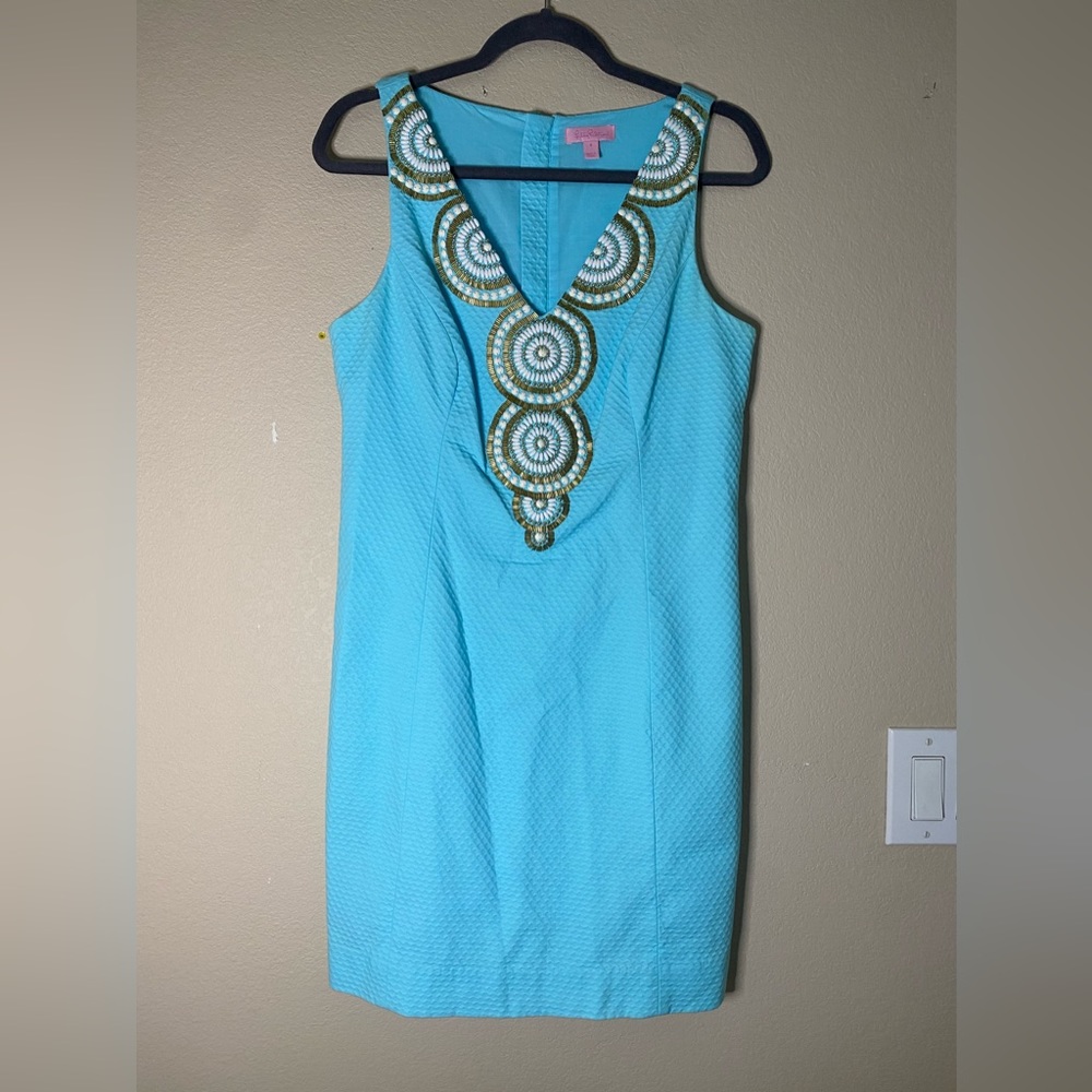 Lilly Pulitzer Turquoise Blue Sleeveless Shift Dress with Gold-Trim Medallion